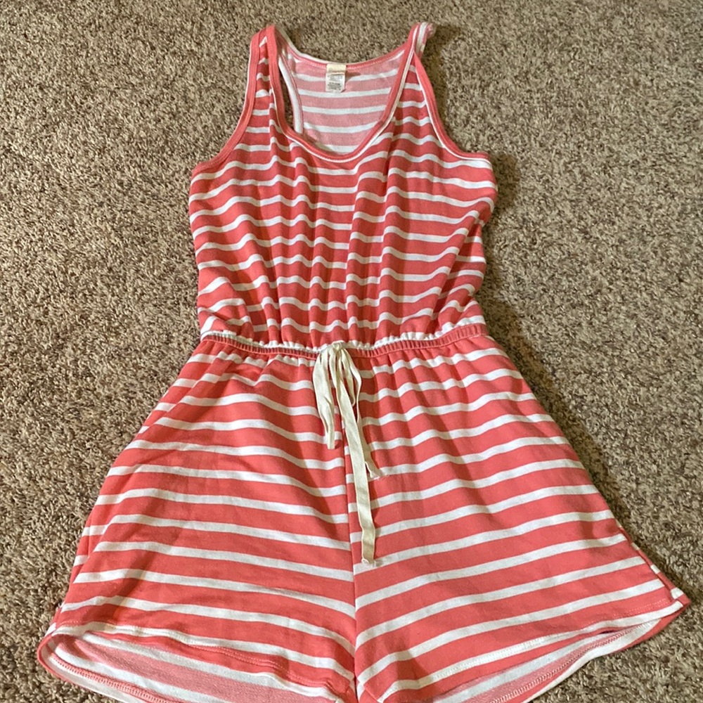 Coral and white striped racer back romper